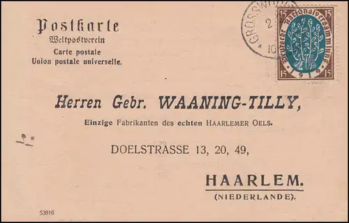 108 Nationalversammlung EF Postkarte GROSSWUDICKE 2.2.1920 nach Haarlem/NL