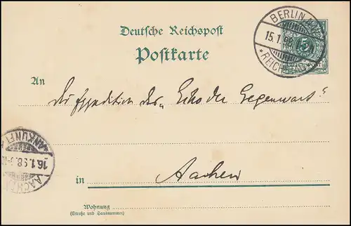 Postkarte P 36I von BERLIN-REICHSTAG 15.1.1898 nach AACHEN ANKUNFT 16.1.98