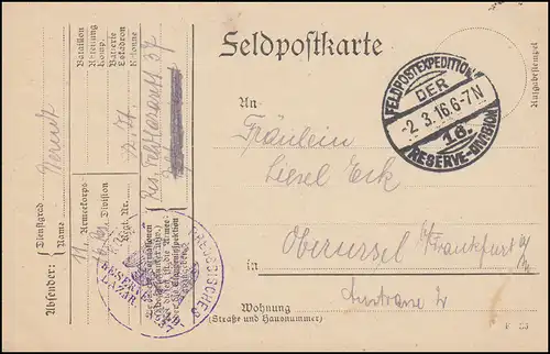 Feldpost BS Königl. Preussisches Reserve-Feld-Lazarett 237 RESERVE-DIV. 2.3.1916