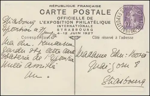 Sonderpostkarte Briefmarkenausstellung Strasbourg Postreiter 2927, SSt 7.6.27