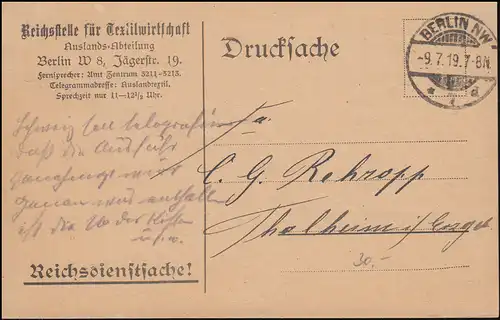 Affaire Reichsatz Bureau du Rechtsbehörde für Textilwirtschaft Carte postale BERLIN 9.7.1919