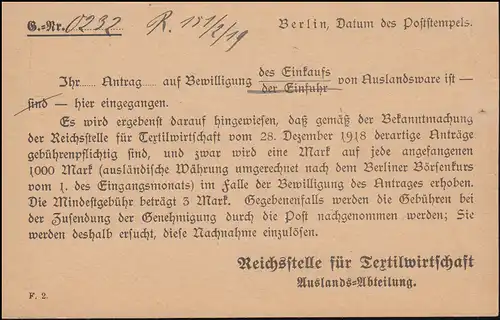 Affaire Reichsatz Bureau du Rechtsbehörde für Textilwirtschaft Carte postale BERLIN 9.7.1919