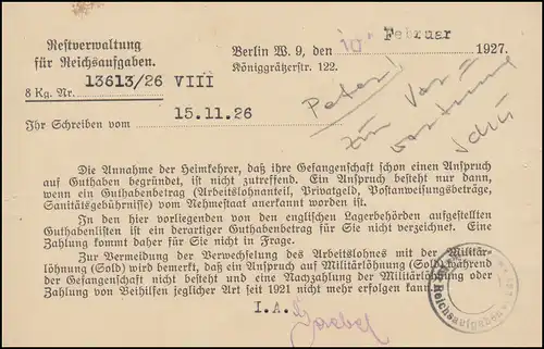 Frei durch Ablösung Reichsverwaltung für Reichsaufgaben Postkarte BERLIN 11.2.27