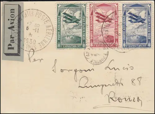 255 Exposition de courrier aérien sur carte maximale ESSt 6.11.1930 avec 3 vignettes pour Rome
