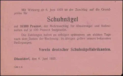 Absenderfreistempel Düssledorf Juni 1923 Drucksache Erhöhung Schuhnägelpreise