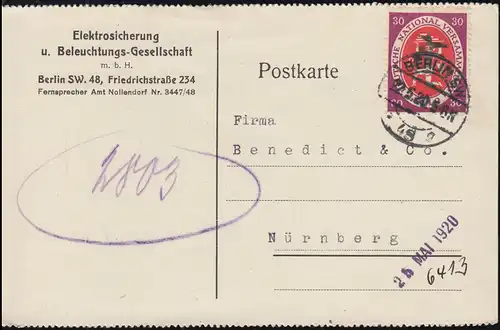 110 Nationalversammlung EF auf Postkarte BERLIN SW 48 - 22.5.20 nach Nürnberg