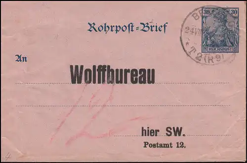 Enveloppe tube-post RU 4a Reichspost BERLIN T2 (R9) 24.8.01 vers bertIN P12 ( R16)