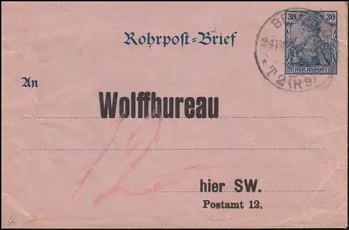 Rohrpost-Umschlag RU 4a Reichspost BERLIN T2 (R9) 24.8.01 nach BERLIN P12 (R16)