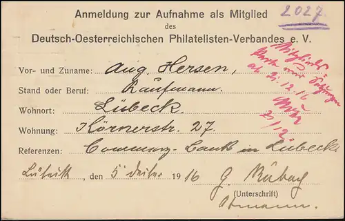 Postkarte Deutsch-Österr. Philatelisten-Verband Aufnahme-Antrag LÜBECK 6.12.1916