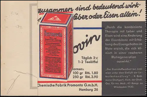 Werbepostkarte für Ferronovin Chemische Fabrik Promoto HAMBURG 9.1.1931