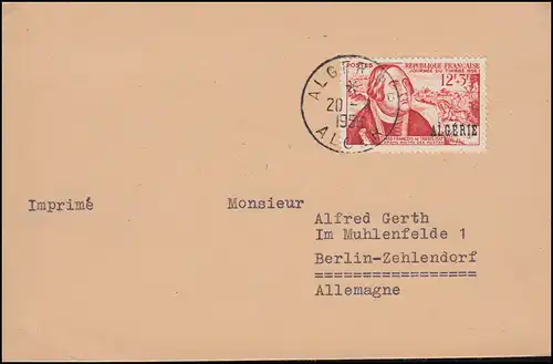 Algérie 346 Journée du timbre avec impression ALGERIE Cause d'impression ALGER 20.8.1956