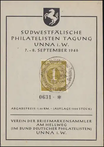 Erinnerungskarte Südwestfälische Philatelisten Tagung in UNNA i.W. SSt 7.9.1946