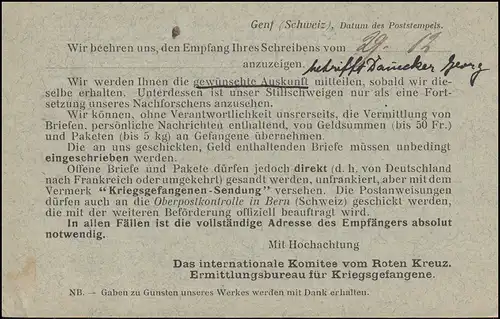 Kriegsgefangenpost Internationales Rotes Kreuz GENF 4.1.1915 nach Schömberg