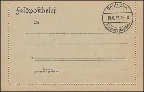 Blanko-Feldpost-Kartenbrief Stempel Deutsche Friedensdelegation 19.6.1919