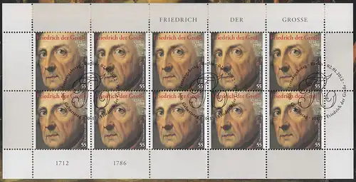 2906 350. Geburtstag Friedrich der Große - 10er-Bogen auf Kartonvorlage, ESST