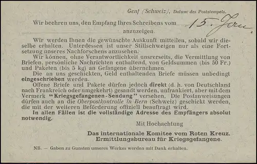 Kriegsgefangenpost Internationales Rotes Kreuz GENF 19.1.1915 nach Schömberg