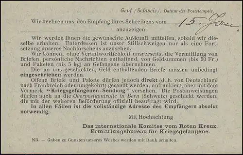 Poste de prisonniers de guerre Croix-Rouge internationale GENF 19.1.1915 à Schömberg