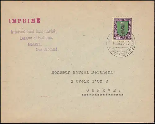Schweiz 218 Pro Juventute als EF auf Drucksache GENF Völkerbund 10.3.1926