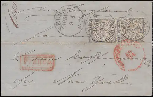 5 Ziffer 2 Gr. senkrechtes Paar Auslandsbrief NEUSS AUSG. 9.4.1871 in die USA