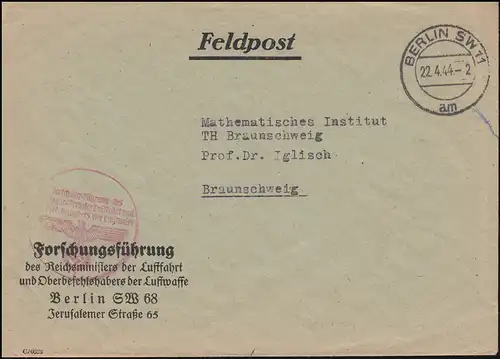 Feldpost Reichsminister Luftfahrt Oberbefehlshaber Luftwaffe BERLIN 22.4.1944