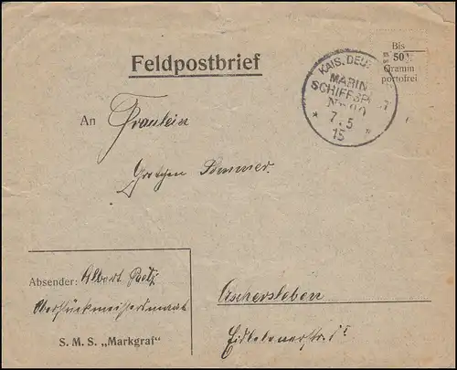 DEUTSCHE MARINE-SCHIFFSPOST No 90 - 7.5.15 auf Feldpost-Brief nach Oschersleben