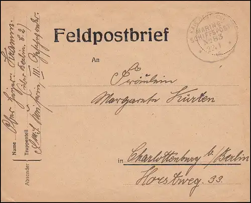 NAVIRE MARINE FRANÇAIS POST No 83 - 22.1.15 SMS Impératrice, Lettre n.Charlottenburg