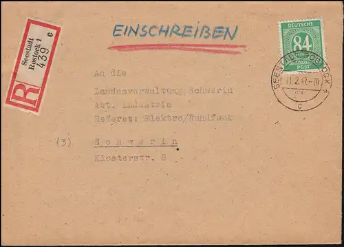 936 Ziffer 84 Pf portogerechte EF auf R-Brief SEESTADT ROSTOCK 11.2.1947