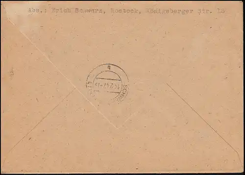 936 Ziffer 84 Pf portogerechte EF auf R-Brief SEESTADT ROSTOCK 11.2.1947