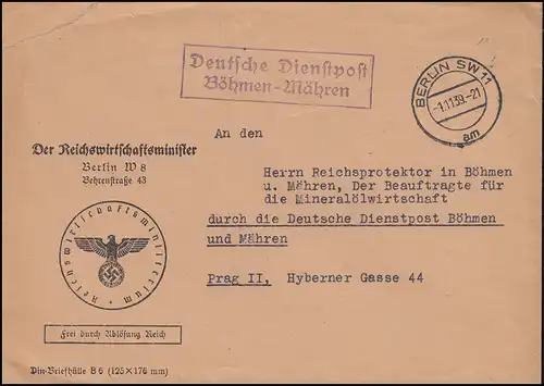 Deutsche Dienstpost Böhmen-Mähren Reichswirtschaftminister BERLIN 1.1.39 n. Prag