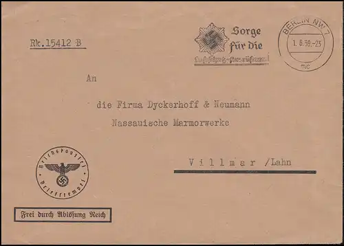 Frei durch Ablösung Reichskanzlei Brief BERLIN 1.6.1939 nach Villmar/Lahn