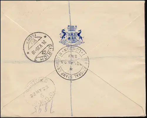 SSt Briefmarkenausstellung LONDON 22.5.23 R-Brief mit König George V. -Frankatur