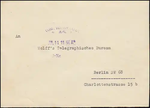 Lettre vers 1930: REICHSTAG PRÉSIDENT au bureau télégraphique de Wolff à Berlin