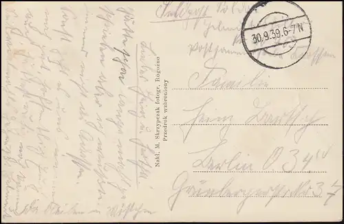 Post de champ 20763 timbre silencieux 30.9.1939 sur AK Rogozno Park à Berlin