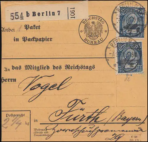 32 Dienst MeF Paketkarte Reichtstag Büro BERLIN 3.9.1921 nach Fürth, INFLA-gepr.