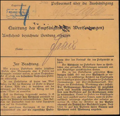 32 Dienst MeF Paketkarte Reichtstag Büro BERLIN 3.9.1921 nach Fürth, INFLA-gepr.