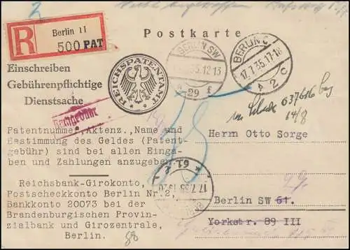 Gebührenspflichtige Dienstsache als Orts-R-Postkarte Patentamt BERLIN C2-17.7.35