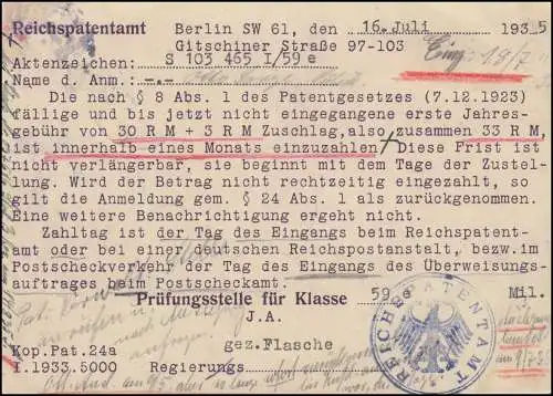 Affaire de service à payer en tant que carte postale locale R Office des brevets BERLIN C2-17.35
