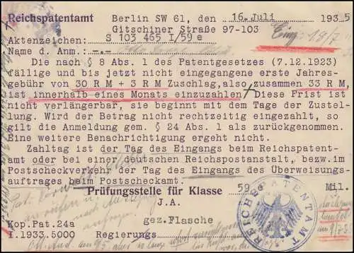 Gebührenspflichtige Dienstsache als Orts-R-Postkarte Patentamt BERLIN C2-17.7.35