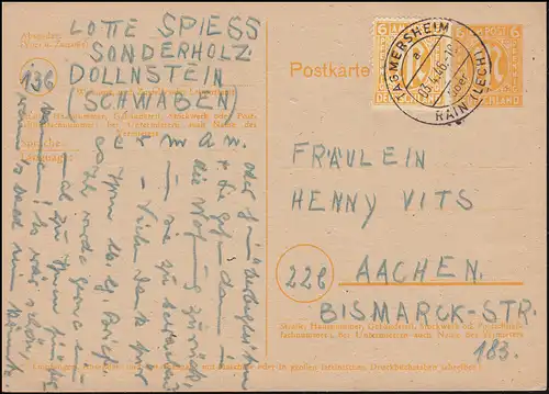 Postkarte P 905 AM-Post + 13 AM-Post MiF TAGMERSHEIM über RAIN (LECH) 3.4.46
