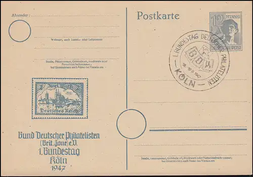 1. Bundestag Bund Deutscher Philatelisten SSt KÖLN 18.-19.9.47, Postkarte P 962