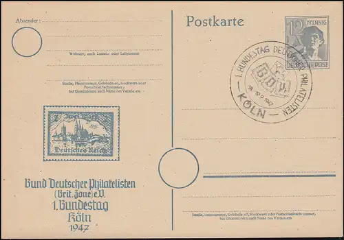 1er Bundestag Bund des philatélistes allemands SSt KÖLN 18-19.9.47, carte postale P 962