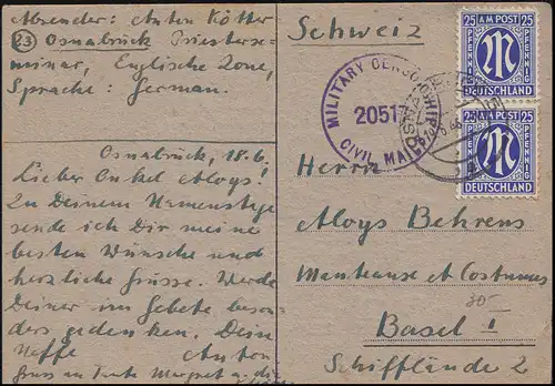 Zensur Military Censorship 20517 Ansichtskarte OSNABRÜCK 19.6.46 in die Schweiz