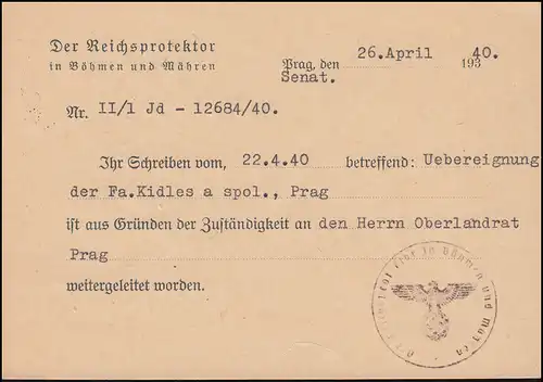 Portofreie Dienstsache Der Reichsprotektor in Böhmen und Mähren PK PRAG 27.4.40