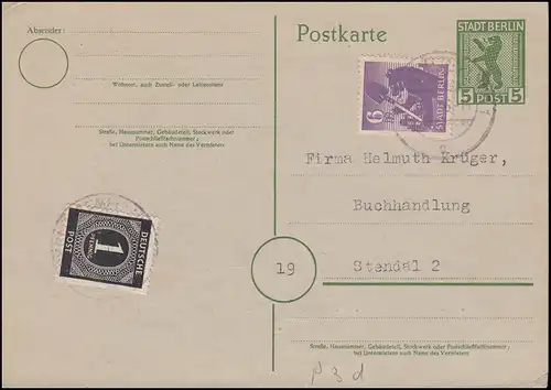 Postkarte P 3d mit Zusatzfrankatur Deutscher Verlag MiF BERLIN-TEMPELHOF 30.3.46
