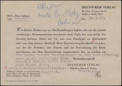 Carte postale P 3d avec écriture supplémentaire Édition allemande MiF BERLIN-TEMPELOF 30.3.46