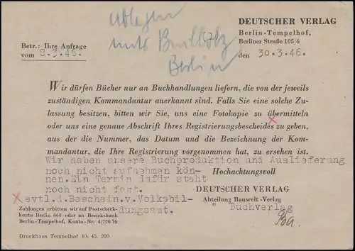 Postkarte P 3d mit Zusatzfrankatur Deutscher Verlag MiF BERLIN-TEMPELHOF 30.3.46