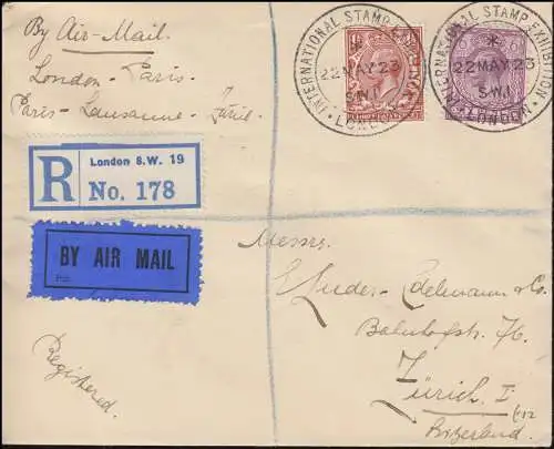 Exposition des timbres SSt LONDON 22.5.23 sur la lettre R Roi George V.-Frankatur