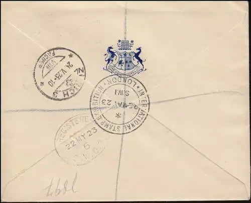 Exposition des timbres SSt LONDON 22.5.23 sur la lettre R Roi George V.-Frankatur