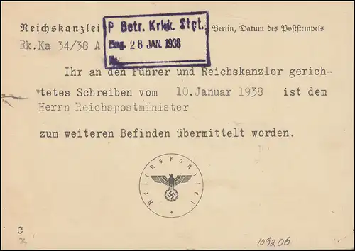 Frei durch Ablösung Reichskanzlei Postkarte BERLIN 15.1.1938 nach Eßlingen