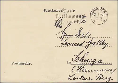 Affaire postale Dt. Direction des postes de Hanovre 2.1.1935, cachet publicitaire Saar-Volume